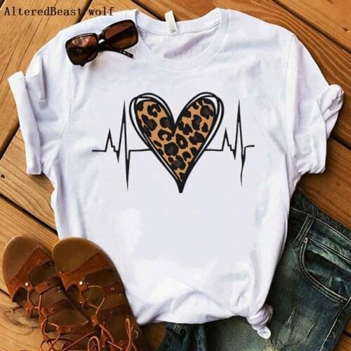 Leopard Love Heartbeat Print T Shirt Women 2020 Summer Short Sleeve Vogue T-shirt White Tee Shirt Harajuku women tses Tops
