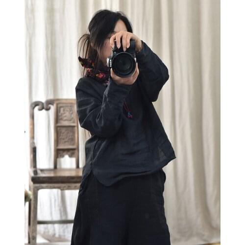 Women Linen Solid Color Embroidered Shirt Ladies Vintage Flax Embroidery Tops Female 2020 Spring Summer Blouse