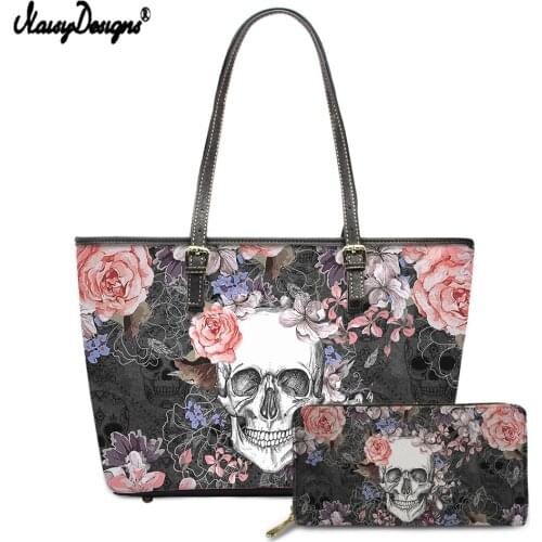 NOISYDESIGNS Vintage Female Shoulder Bag&Purse 2pcs Set Classical Rose Skull Printed Women Handbag Gothnic Style Clutch Bolsas