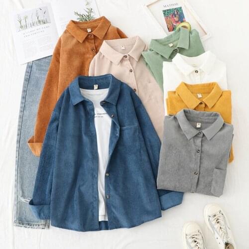 2020 Spring Jackt Open Stitch Blusas Feminina Women Loose Shirt Vinatge Women Casual Blouses and Tops Corduroy Shirts