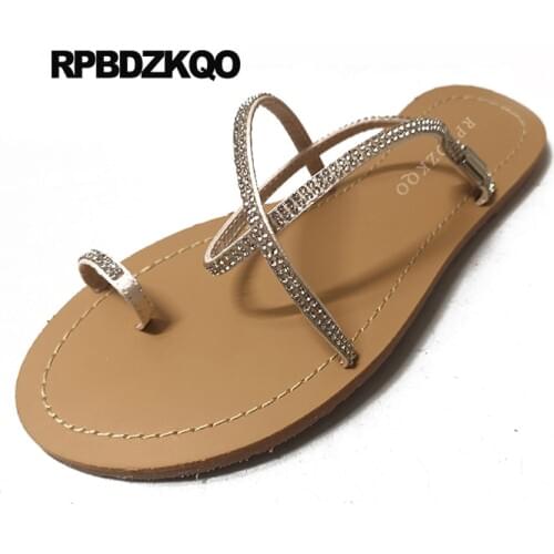 Women sandals flat summer 2019 black bridal holiday diamond crystal toe ring luxury jewel strap bling rhinestone shoes slingback