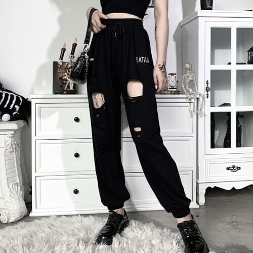 Women Harem Sports Long Pants Creative Hole Design Dark Black Trousers Drawstring Elastic Waist Cool Pants Ladies Y2K Bottoms