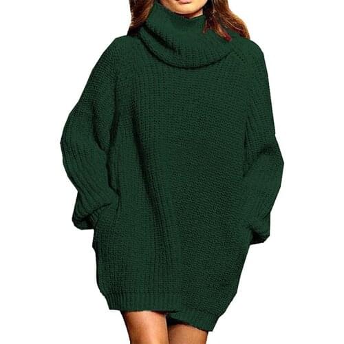 Plus size oversized long sleeve turtleneck knitted sweater for women Solid white pullover Fashion double pocket sweater dress
