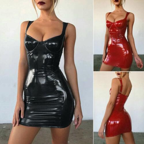 Women Sexy Backless Sleeveless Short Dress Pure Color Wet Look Latex Faux Leather Push Up Bra Mini Micro Dress Leotard Club Wear