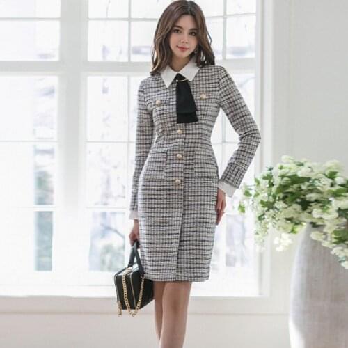 New Runway Fall Korean Plaid Tweed Slim High Quality Womens Clothes Fashion Slim Sweet Dress Vestido