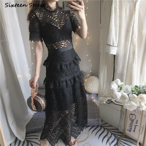 Black Elegant Maxi Dress Woman O-neck High Waist Vintage Long Party Dresses Ladies Hollow Out Runway Design Dress Vestidos