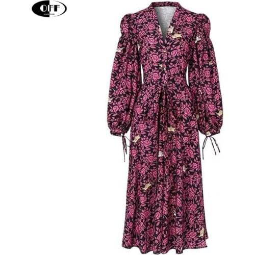 Summer print woman maxi dress v-neck lantern sleeve lace-up high-waisted dresses for women beach vintage party night vestidos