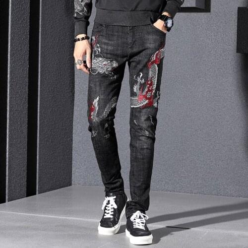 2021 New Mens Chinese dragon embroidery jeans Fashion embroidered slim straight stretch denim pants Trousers Leisure simplicity