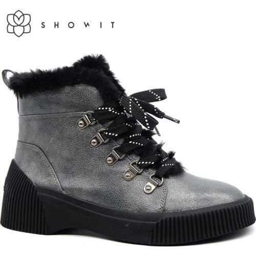 Black womens ankle boots with Fashion warm fur autumn lady lace footwear female corporate shoes with comfort platform outsole