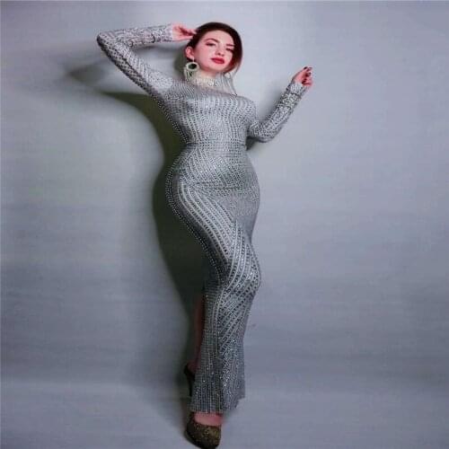 D98 Female sexy Full Diamond evening dresses singer perform stage costumes dance wear party skirt Rhinestone Long sleeve clothe