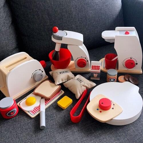 Kids Wooden Pretend Play Sets Pretend Toasters Bread Maker Coffee Machine Game Childrens Toy Mixer Kitchen Educational Toy