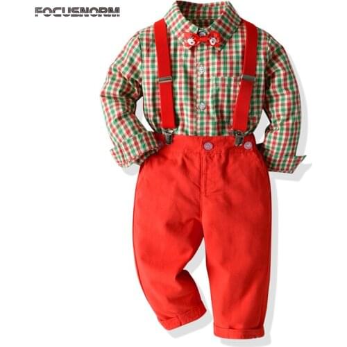 FOCUSNORM 1-7Y Autumn Winter Kids Boys Xmas Clothes Sets 2pcs Gentleman Plaid Long Sleeve Shirts Tops Pants