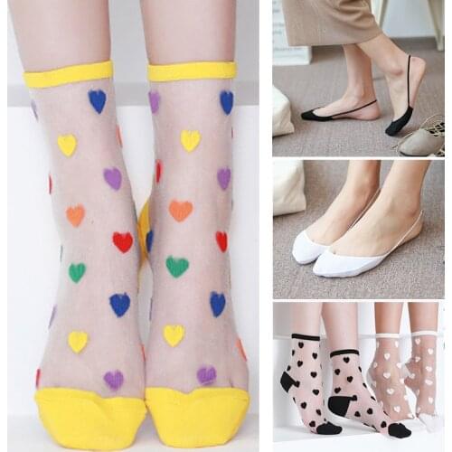 Love Tulle Glass Silk Cotton Socks Set Women Summer New Ladies Girl Multi Style Lace Transparent Ultra-thin Mesh Nylon Sheer Sox