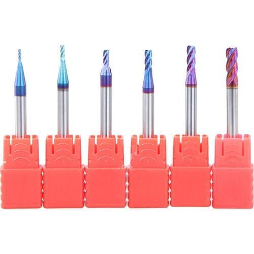 6PCS HRC63 4mm SHK 1,1.5,2.0,2.5,3,4mm CED Naco Coat tungsten solid carbide end mill for CNC milling machine
