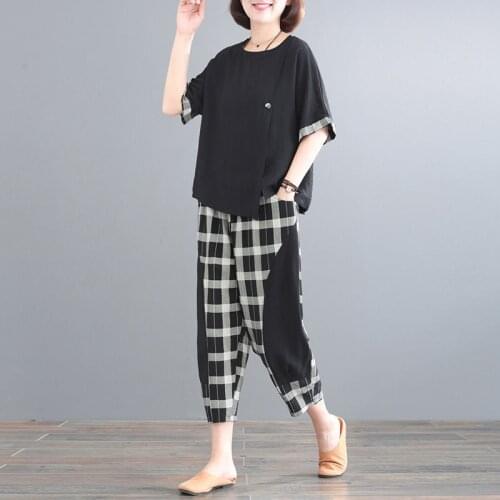 Oversized Tracksuit Women Two Piece Set Summer Casual Loose Clothes Irregular Hem T-Shirt and Plaid Pants Suits 4XL Womens Sets