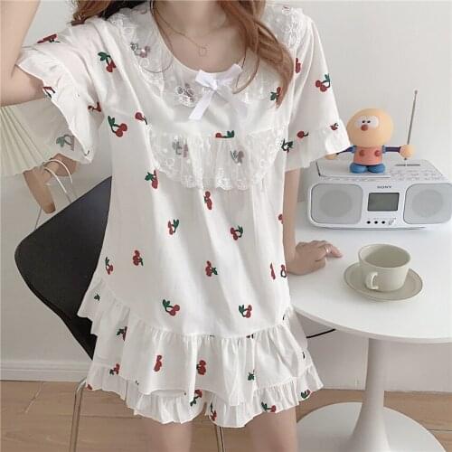 Summer 100% Cotton Women Pajamas Patchwork Lace Cute Girls Homewear Pajama Set Lady Shorts Sleepwear Two Piece long sleeve