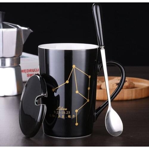 Hot-selling ceramic mug 12 creative constellation mug with spoon lid, black and white porcelain zodiac milk coffee cup