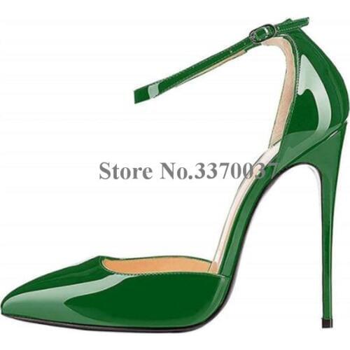 Linamong Brand Pointed Toe Patent Leather Stiletto Heel Pumps Wine Red Leopard Green Ankle Strap 12cm High Heels Wedding Shoes