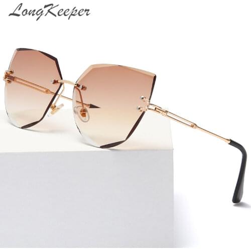 LongKeeper Fashion Cat Eye Sun Glasses Women Vintage Rimless Gradient Sunglasses Eyeglasses Diamond Brand Designer Gafas UV400
