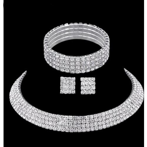 Round Neck Multi-row Full Diamond Rhinestone Necklace Bracelet Earrings Jewelry Accessories Engagement Wedding Sets