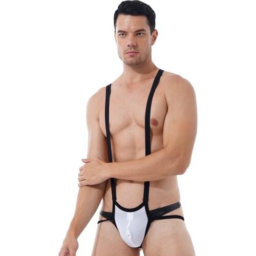 Mens Sexy Lingerie Bulge Pouch Panties Jockstrap Wrestling Singlet Leotard Hollow Out Fishnet Patchwork Back Bodysuit Underwear