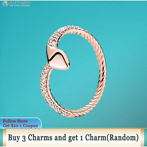Ahthen 925 Sterling Silver Ring Pink Sparkling Snake Rings Original Women Rings Engagement rings Women Jewelry Making Girl Gift
