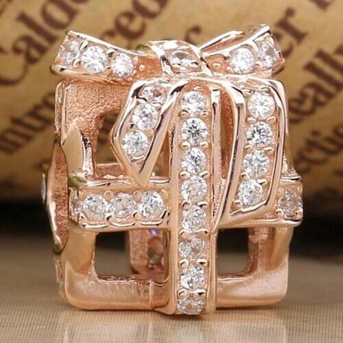 Original Rose Gold Wrapped Up Gift Box With Crystal Beads Fit 925 Sterling Silver Bead Charm Bracelet DIY Jewelry