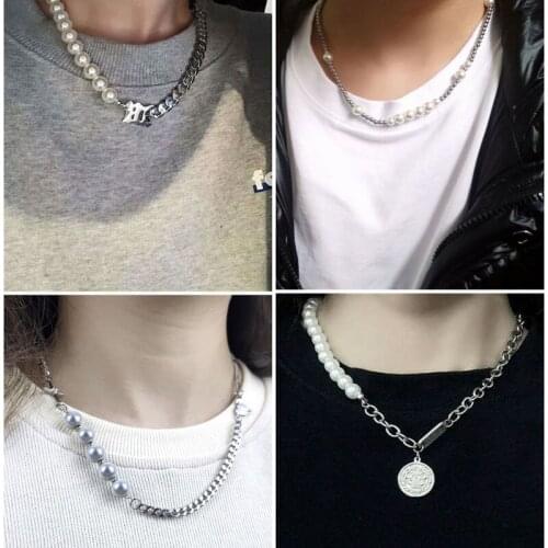 2021 new fashion pearl stainless steel stitching necklace hip hop ins street wild net red necklace couple accessories