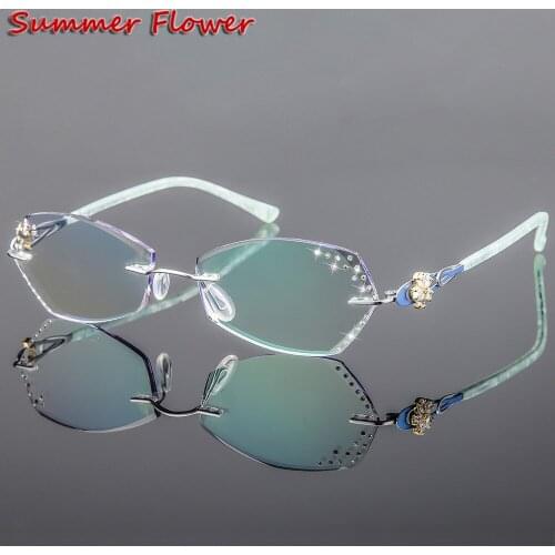 Chashma Luxury Tint Lenses Myopia Glasses Reading Glasses Diamond Cutting Rimless Titanium Glasses Frame for Women