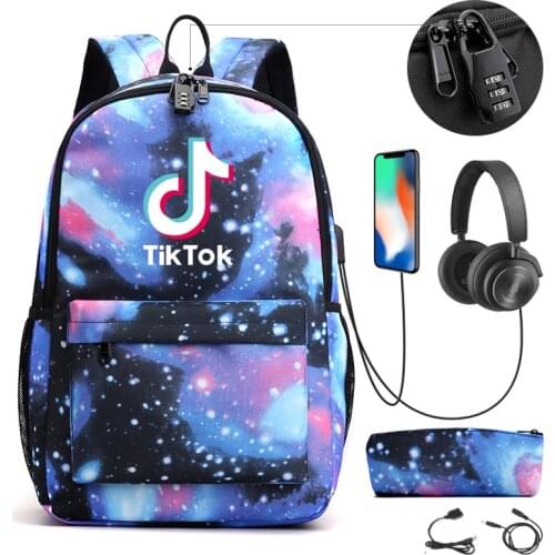 Tik Tok Backpack USB Charge School Backpacks Boys Girls Tik Tok Teenagers Laptop Bags 2pcs Travel Rucksack With Chain