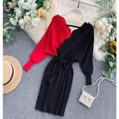 Sexy Open Back Autumn Long Sleeve Sweater Dress Women Bodycon Short dresses Elegant Belt tops V-neck Knit Dress Female slim tops
