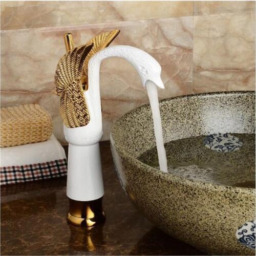 Luxury Swan Shape Brass Basin Sink Faucet Bathroom Single Hole Decked Basin Mixer Tap Gold White Swan Faucet