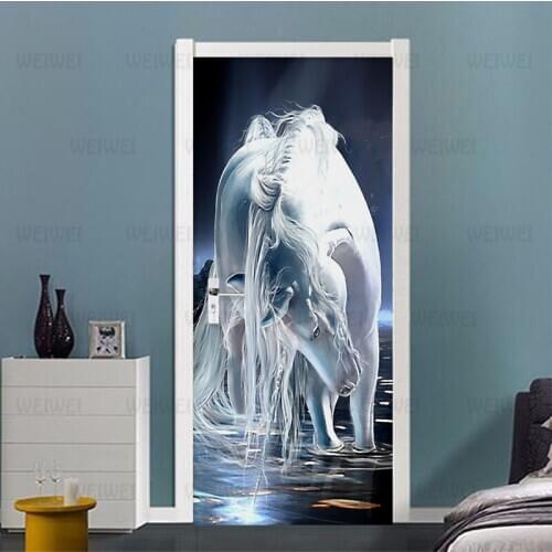 Modern Creative DIY Door Sticker 3D Abstract Horse Art Wallpaper Living Room Bedroom Home Design Door Decals PVC Mural Stickers