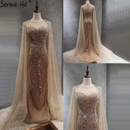Serene Hill gold Mermaid Luxury Elegant Evening Dresses Gowns 2021 Beading With Caps Sleeves Sexy For Women Party DLA70825