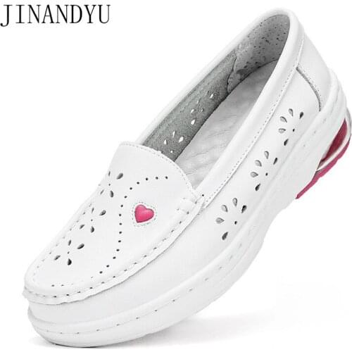 Thick Sole Genuine Leather Shoes Woman Flats Loafers Big Size 41 Casual Shoes Slip on Flat White Shoes for Women Nurse Shoe