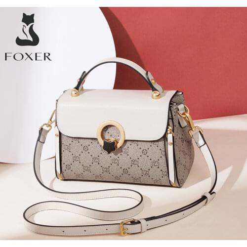 FOXER Vintage Monogram Womens Bag PVC Leather Totes Retro Fashion Female Handbag Casual Ladies Travel Shoulder Cross-body Bag