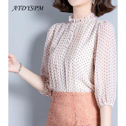 Women Chiffon Shirts Elegant Ruffles Polka Dot Office Lady Blouses Tops Female Lantern Sleeve Beads Pleated Casual Clothing