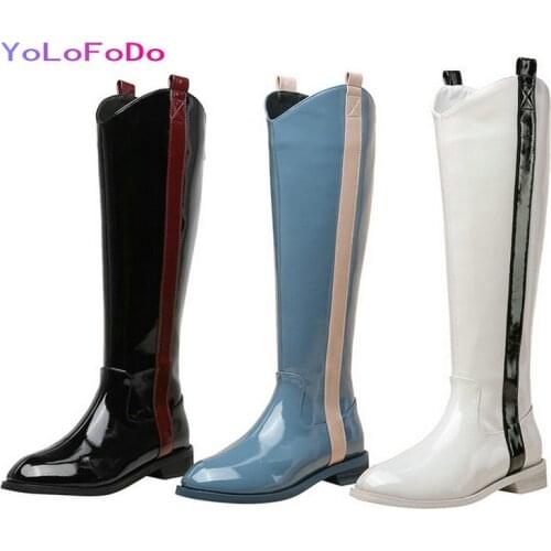 Patent Leather Women Knee High Boots Fashion Flat with Round Toe Calf Boots High Quality Women Motorcycle Boots 2021 Women Boots