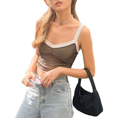 Women Sexy V Neck Lace Cami Tank Tops, Double Mesh Sleeveless Camisole Cute Camis Top