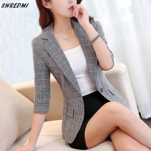 SWREDMI Women Plaid Suit Female Short Blazer Coat Seven-point Sleeves Spring Office Lady Casual Retro Slim Blazers Grey Top