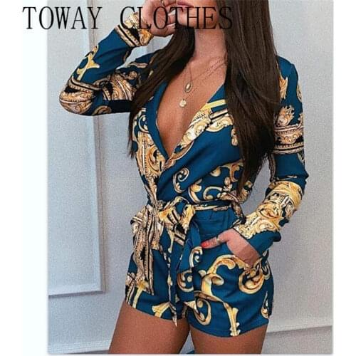 V Neck Long Sleeve Mixed Print Tied Romper Women Sexy Romper Summer One Piece For Women 2021