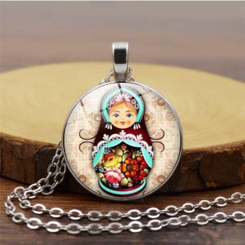 Tradition Russian Doll Picture Pendant Necklaces Womens Jewelry Vintage Chain Glass Cabochon Necklace