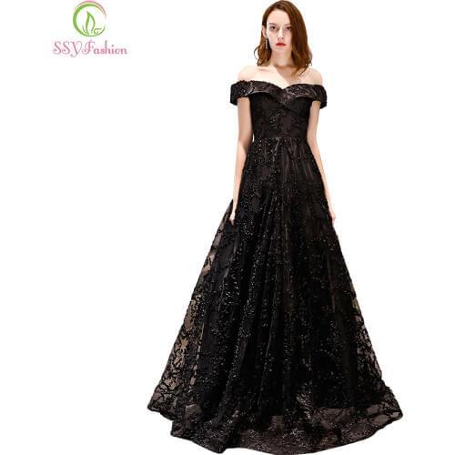 SSYFashion New Black Lace Evening Dress Banquet Elegant Simple Boat Neck Floor-length Party Formal Gowns Custom Robe De Soiree