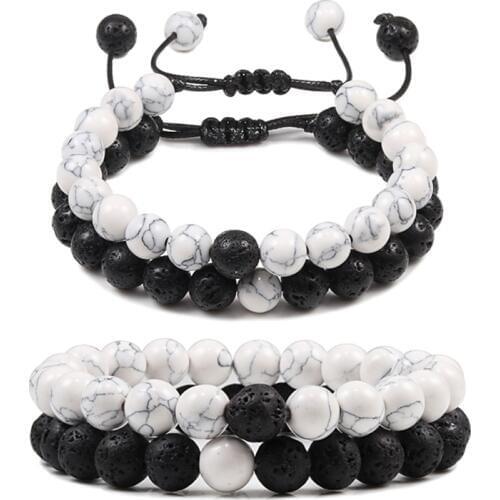 Hot 2pcs/Set Couples Distance Braid Bracelets Natural Stone White And Black Ying Yang Beads Bracelet Best Friend Strand Jewelry