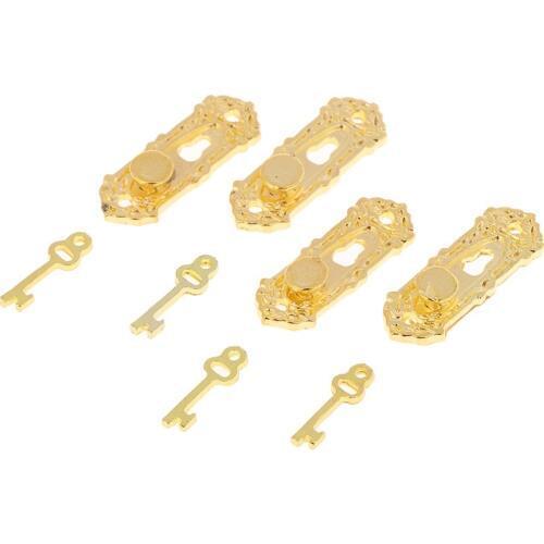 4set Door Mini Pull Handles Locks with Key 1/12 Scale Metal Vintage Dollhouse Miniature Furniture Accessories Kids Toys