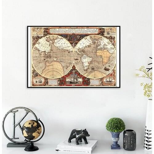 75*50cm The World Map Vintage Canvas Painting Medieval Latin Wall Art Poster School Supplies Living Room Home Decoration