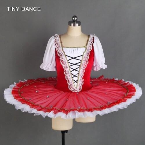 Short Sleeve Ballet Pancake Tutu Stretch Red Velvet Bodice with 7 Layers Pleated Tutu Skirt Professional Ballet Tutus BLL401
