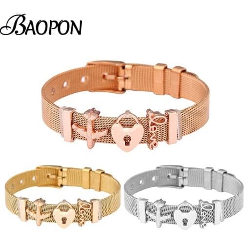 BAOPON Dropshipping Fashion Love Jewelry Rose Gold Color Love Mesh Bracelet Set Stainless Steel Brand Bracelets For Women Gift