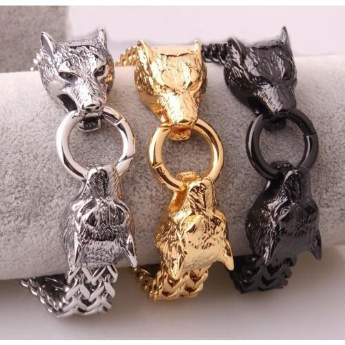 22cm Boys Mens New Silver Color/Gold/Black Color Stainless Steel Figaro Chain Bracelet Two Gothic Wolf Head Bangles Jewelry