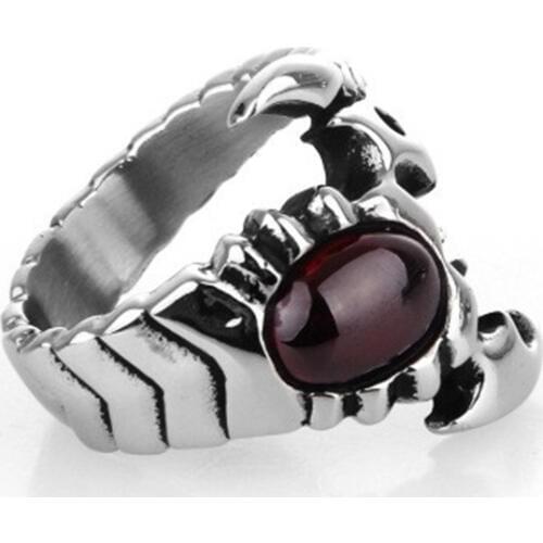 Men Man-made Red stone Scorpion Wrap Silver color 316L Stainless Steel Ring
